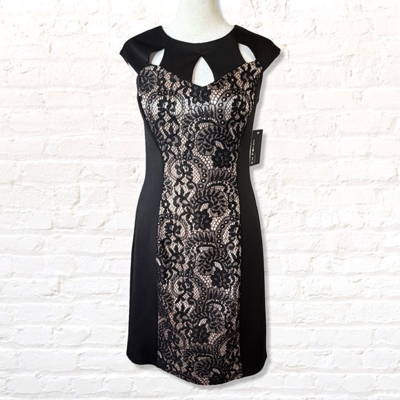 Enfocus Studio Black & Beige Lace Inset Sleeveless Bodycon Dress Size 4 Cocktail - Picture 1 of 10